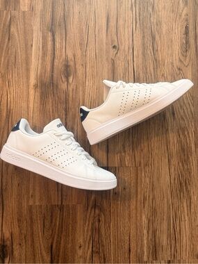 adidas women's White Leather Sneakers with Navy Heel